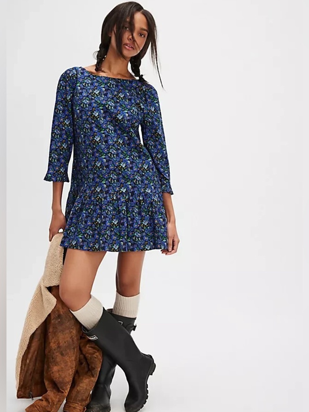 Free People Blue Floral Open Back Ruffle Mini Dress Size S